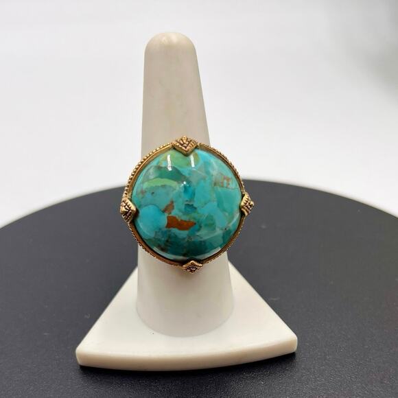 Barse THAI Signed Jubilee Turquoise Round Thick Bronze Band Ring Sz 8.25 - Picture 1 of 11